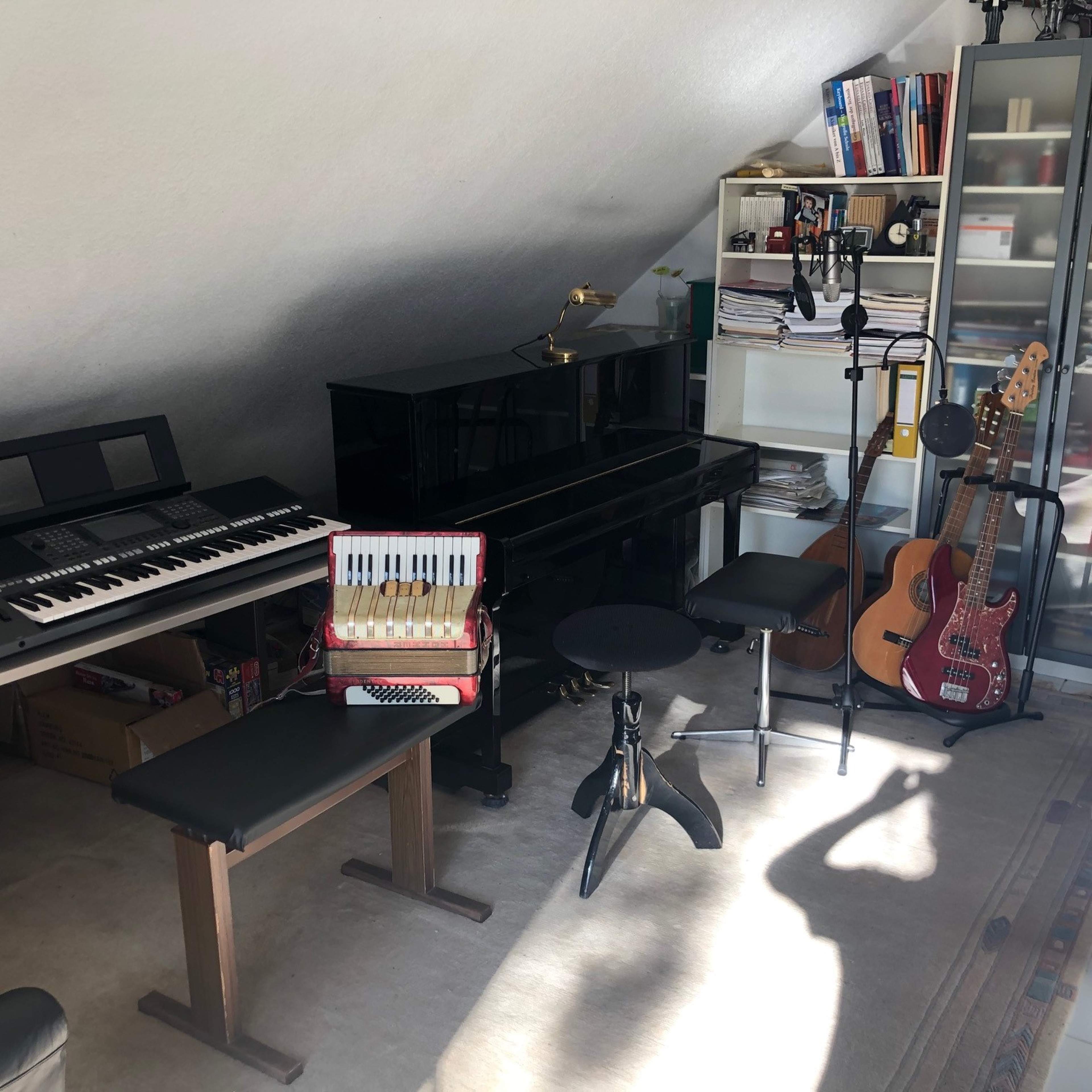 Schöner Raum mit Piano, Keyboard, Synthesizer, Akkordeon, Gitarren